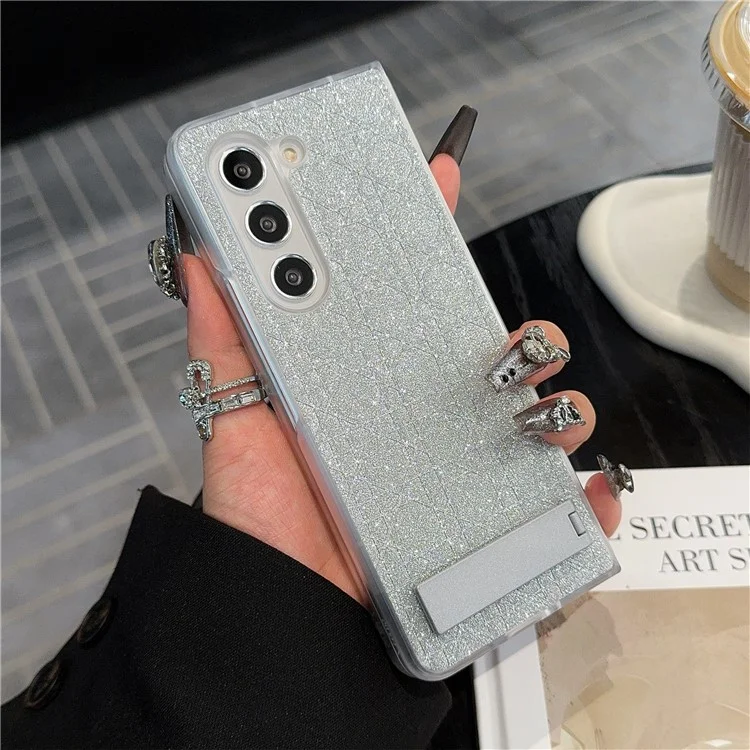 Для Samsung Galaxy Z Fold6 5G Case Invisible Kickstand Leather+PC Phone Cover - Решетка / Серебро