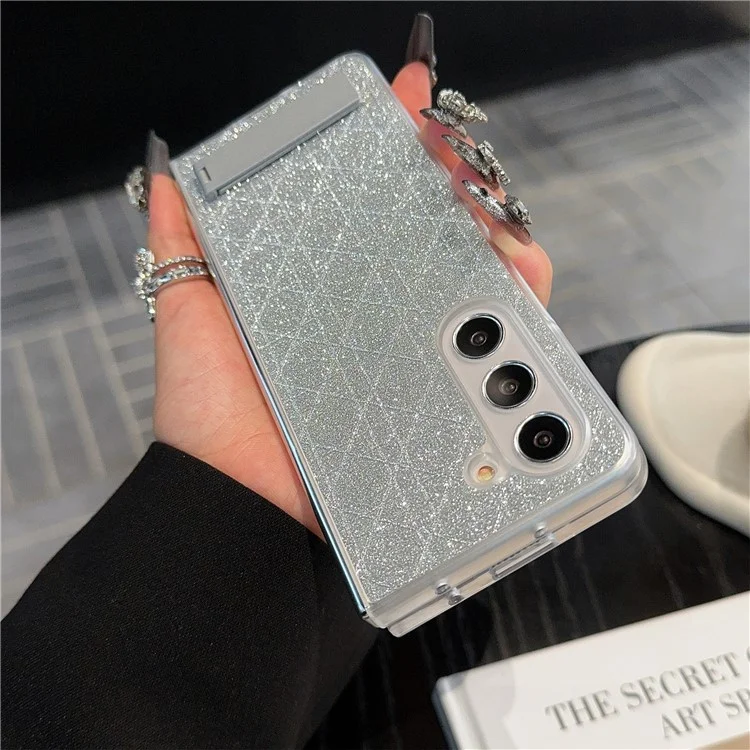 Для Samsung Galaxy Z Fold6 5G Case Invisible Kickstand Leather+PC Phone Cover - Решетка / Серебро