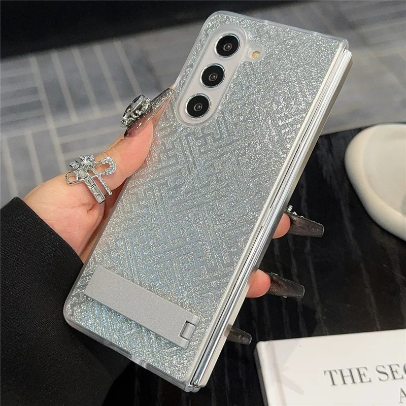 For Samsung Galaxy Z Fold6 5G Case Invisible Kickstand Leather+PC Phone Cover - Geometric / Silver