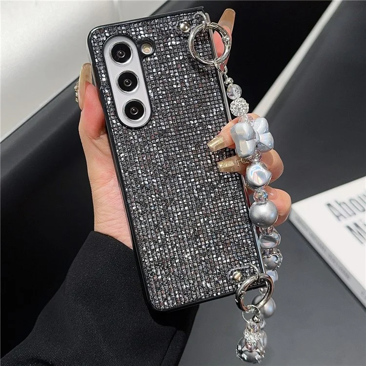 Para Samsung Galaxy Z Fold6 5g Case Glitter Leather+PC Tampa de Telefone Com Cinta Com Miçangas - Preto