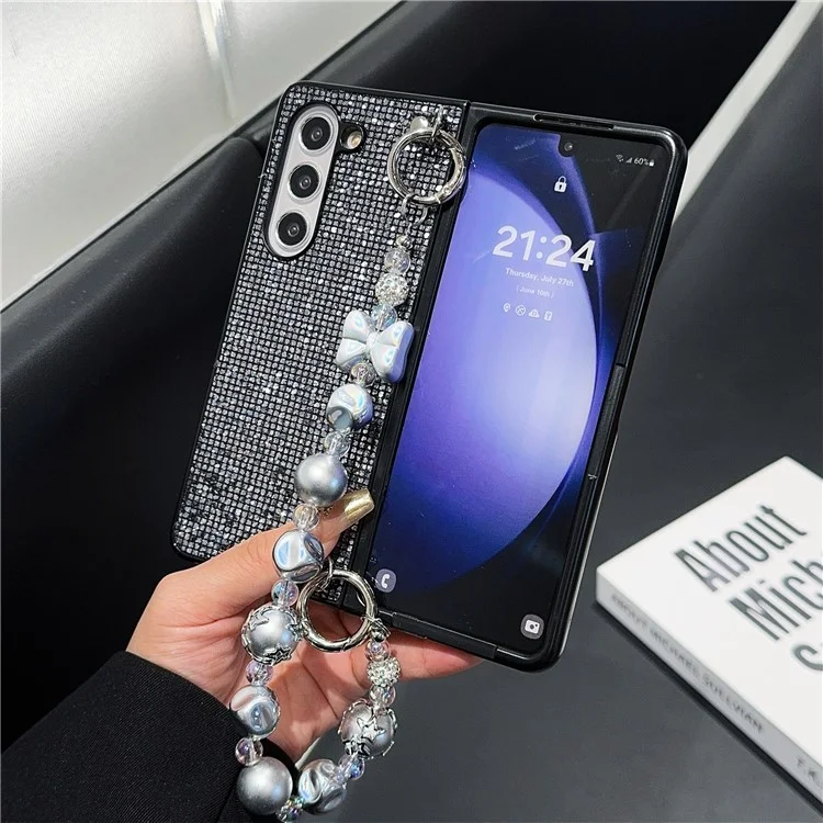 Para Samsung Galaxy Z Fold6 5g Case Glitter Leather+PC Tampa de Telefone Com Cinta Com Miçangas - Preto