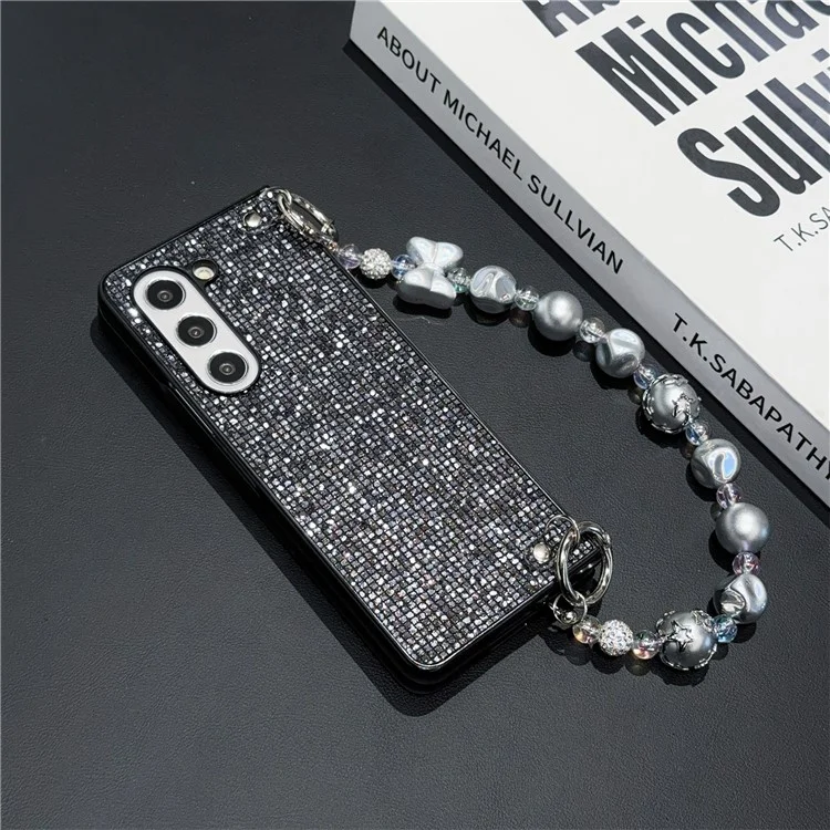 Para Samsung Galaxy Z Fold6 5g Case Glitter Leather+PC Tampa de Telefone Com Cinta Com Miçangas - Preto