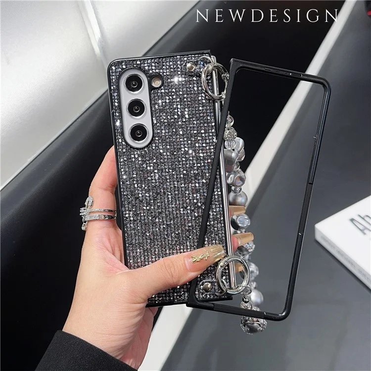 Para Samsung Galaxy Z Fold6 5g Case Glitter Leather+PC Tampa de Telefone Com Cinta Com Miçangas - Preto