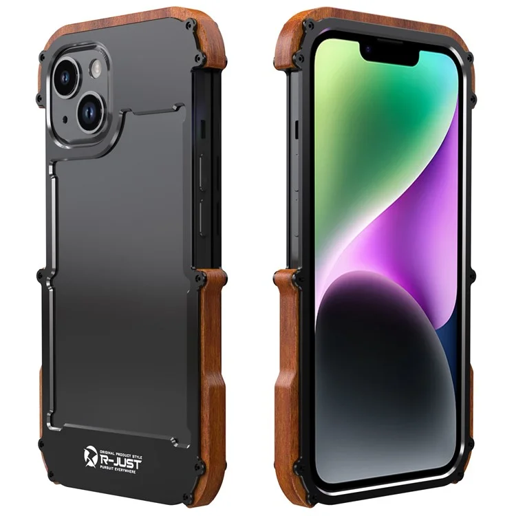 R-just Wood + Alumínio Liga da Liga Caixa Para Iphone 14 Protetor de Telefone Anti-queda à Prova de Choque