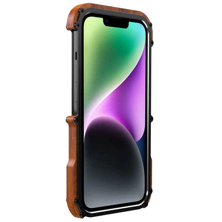 R-JUST Wood + Aluminum Alloy Frame Bumper Case for iPhone 14 Shockproof Cover Anti-Fall Phone Protector
