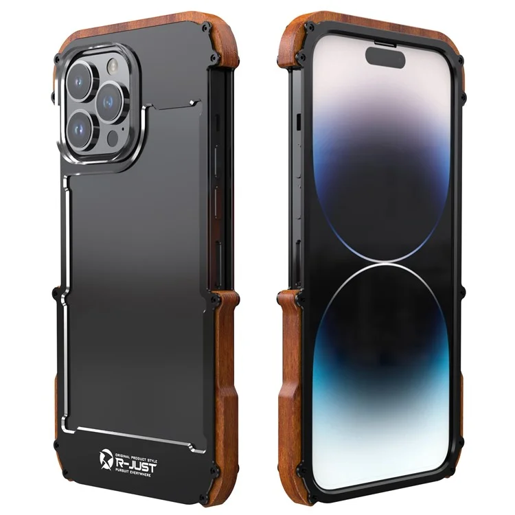 Caixa de Pára-choques à Prova de Choque R-just Para Iphone 14 Pro Max Wood + Alumínio Liga da Liga da Liga Tampa do Telefone Anti-Fall Protetor