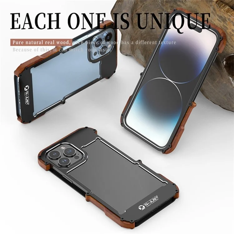 R-JUST Shockproof Bumper Case for iPhone 14 Pro Max Wood + Aluminum Alloy Frame Phone Cover Anti-Fall Protective Phone Case