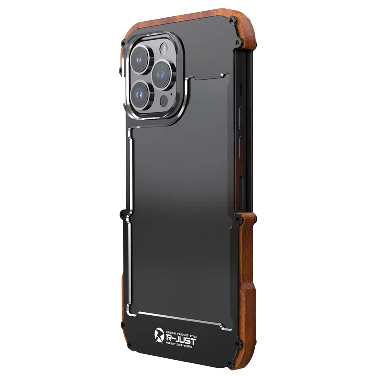 Caixa de Pára-choques à Prova de Choque R-just Para Iphone 14 Pro Max Wood + Alumínio Liga da Liga da Liga Tampa do Telefone Anti-Fall Protetor