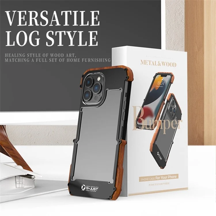 R-JUST Shockproof Bumper Case for iPhone 14 Pro Max Wood + Aluminum Alloy Frame Phone Cover Anti-Fall Protective Phone Case