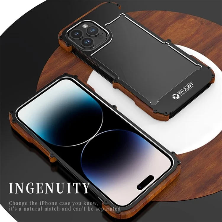 R-JUST Shockproof Bumper Case for iPhone 14 Pro Max Wood + Aluminum Alloy Frame Phone Cover Anti-Fall Protective Phone Case