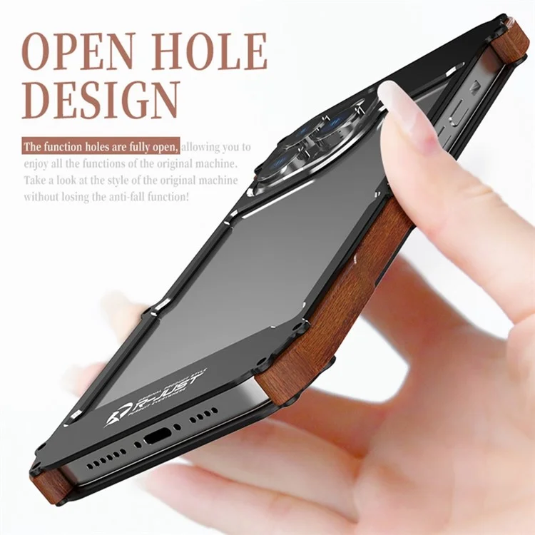 Чехол-бампер R-JUST Shockproof для iPhone 14 Pro Max с деревянной и алюминиевой рамкой, защитный чехол для телефона от падений
