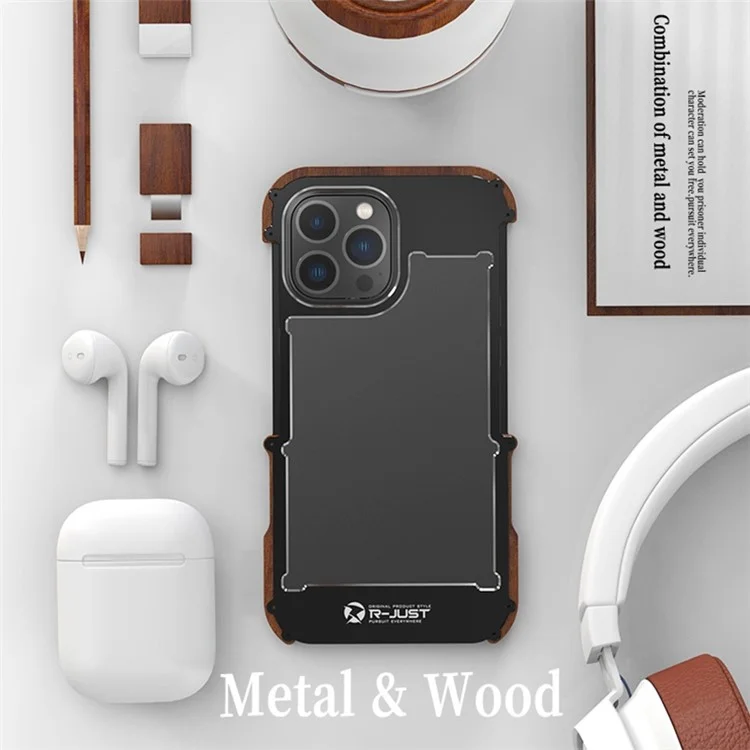 Чехол-бампер R-JUST Shockproof для iPhone 14 Pro Max с деревянной и алюминиевой рамкой, защитный чехол для телефона от падений