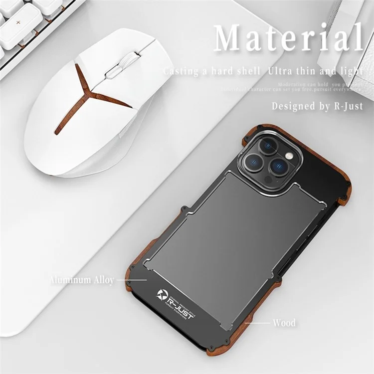 R-JUST Shockproof Bumper Case for iPhone 14 Pro Max Wood + Aluminum Alloy Frame Phone Cover Anti-Fall Protective Phone Case