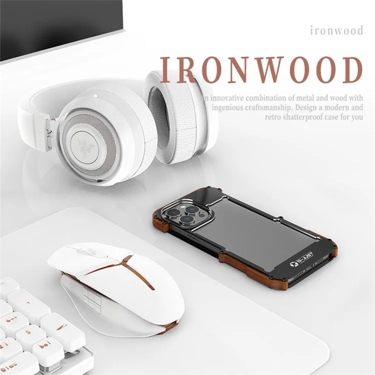 Чехол-бампер R-JUST Shockproof для iPhone 14 Pro Max с деревянной и алюминиевой рамкой, защитный чехол для телефона от падений