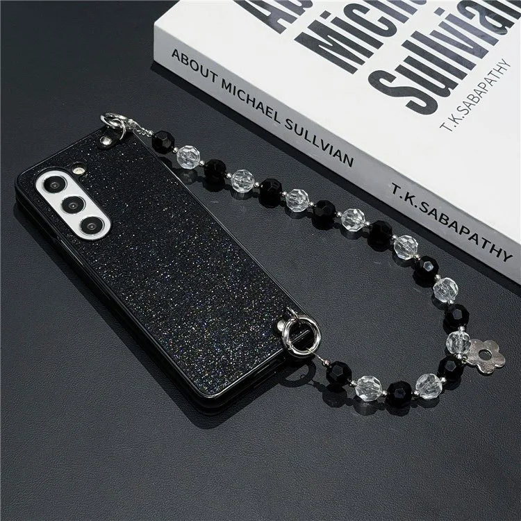 Для Samsung Galaxy Z Fold6 5G Case Glitter Finish Leather+PC Phone Cope с Бисерным Ремешком - Черный