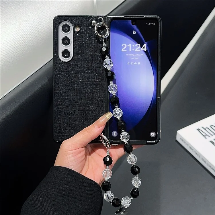 Для Samsung Galaxy Z Fold6 5G Case Glitter Finish Leather+PC Phone Cope с Бисерным Ремешком - Черный