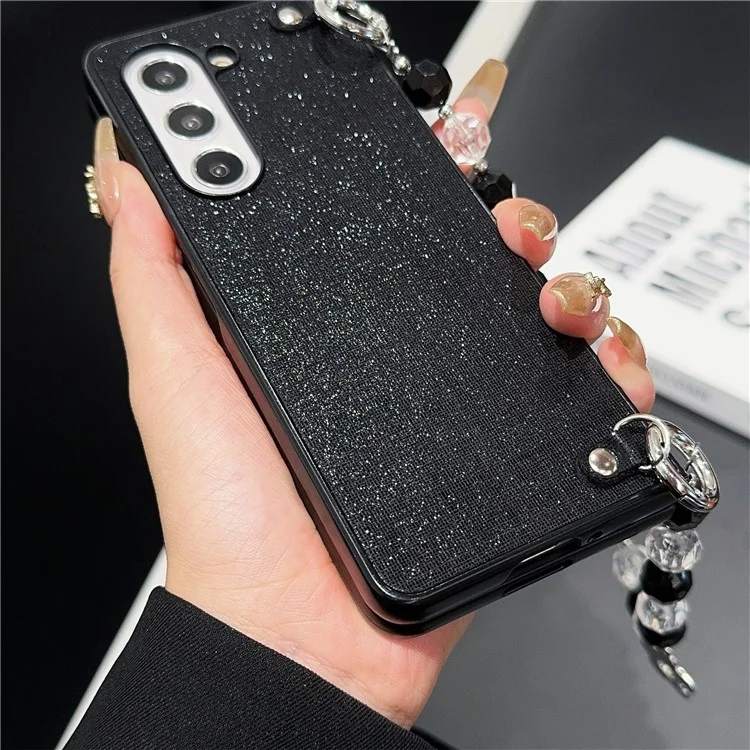 Для Samsung Galaxy Z Fold6 5G Case Glitter Finish Leather+PC Phone Cope с Бисерным Ремешком - Черный