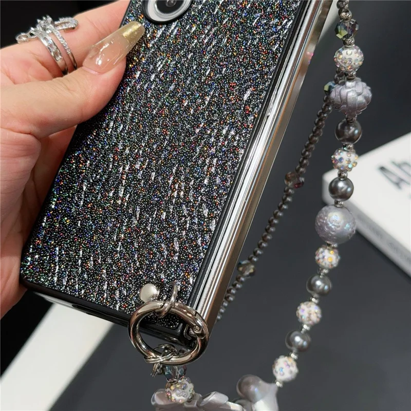 Pour Samsung Galaxy Z Fold6 Case 5G Texturé Cuir de Paillettes + Couvercle de Téléphone pc Avec Sangle Perlée - Noir