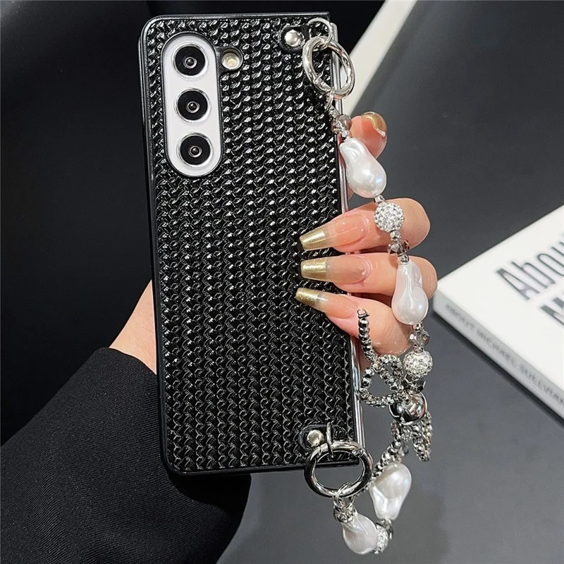 Para Samsung Galaxy Z Fold6 5G Case Weave Stripe Leather+PC Telep Cover Con Correa Con Cuentas de Arco - Negro