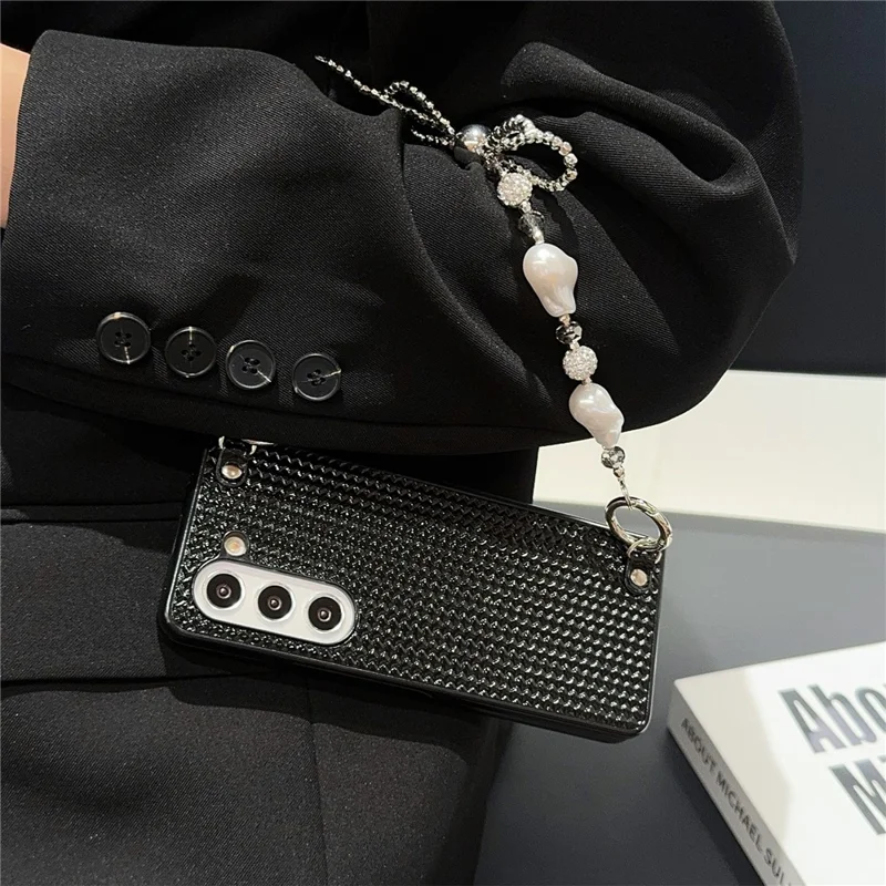 Para Samsung Galaxy Z Fold6 5G Case Weave Stripe Leather+PC Telep Cover Con Correa Con Cuentas de Arco - Negro