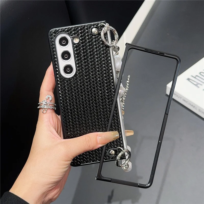 Para Samsung Galaxy Z Fold6 5G Case Weave Stripe Leather+PC Telep Cover Con Correa Con Cuentas de Arco - Negro