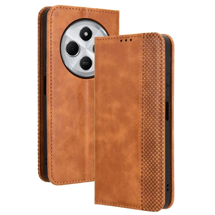 Para Xiaomi Poco C75 4G / Redmi 14R 5G / 14C 4G Capa de Couro Carteira Suporte Textura Retrô Capa do Telefone - Marrom