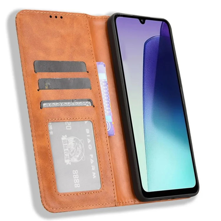 Para Xiaomi Poco C75 4G / Redmi 14R 5G / 14C 4G Capa de Couro Carteira Suporte Textura Retrô Capa do Telefone - Marrom