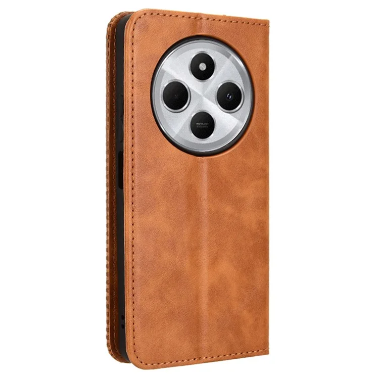 Para Xiaomi Poco C75 4G / Redmi 14R 5G / 14C 4G Capa de Couro Carteira Suporte Textura Retrô Capa do Telefone - Marrom
