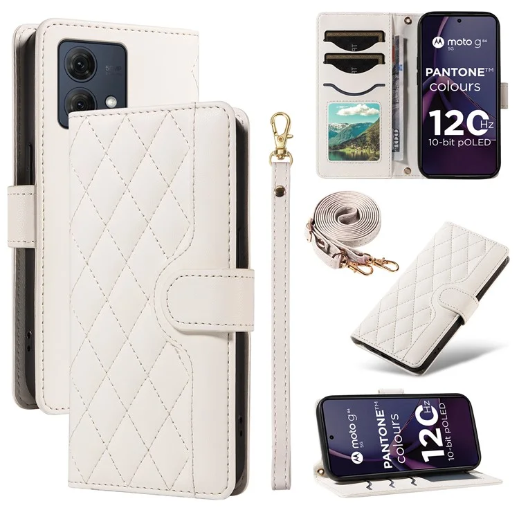 Per Motorola Moto G84 Case da Portafoglio 5G Coperchio di Telefono Rhombus Con Spalline, Cinturino da Polso - Bianco