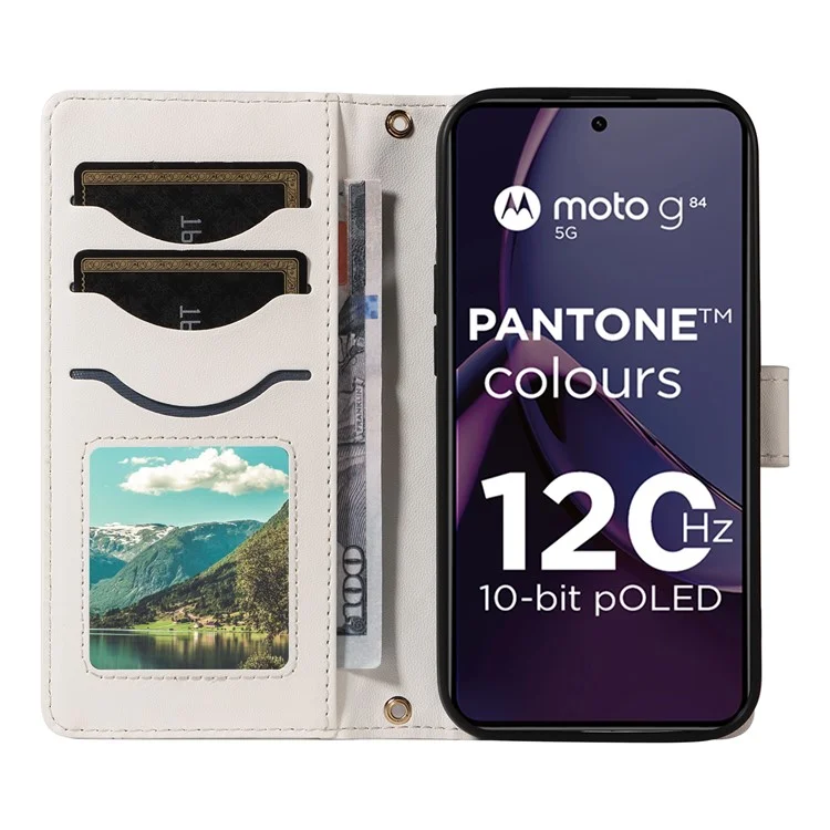 Per Motorola Moto G84 Case da Portafoglio 5G Coperchio di Telefono Rhombus Con Spalline, Cinturino da Polso - Bianco