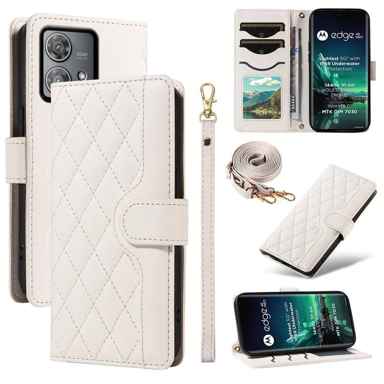 Para Motorola Edge 40 Neo 5G Case Willet Rombus Teléfono de Cuero Con Correa Para el Hombro, Correa de Muñeca - Blanco