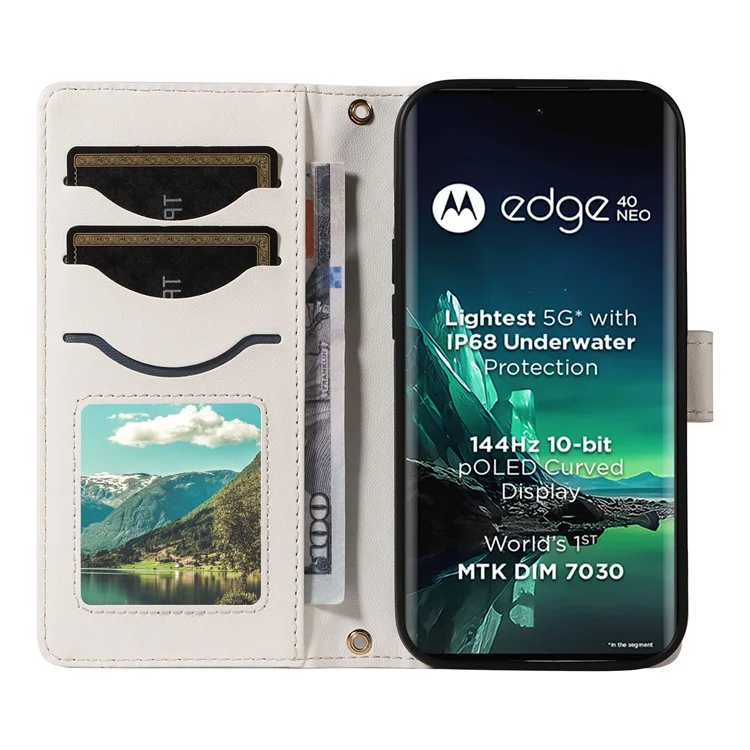 Para Motorola Edge 40 Neo 5G Case Willet Rombus Teléfono de Cuero Con Correa Para el Hombro, Correa de Muñeca - Blanco