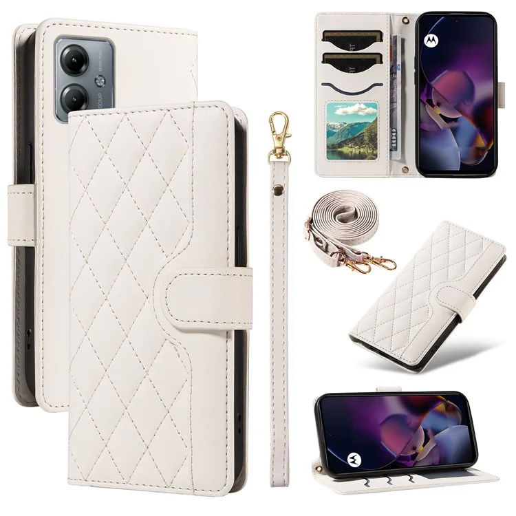 Pour Motorola Moto G54 5G / Moto G14 4G Portefeuille Rhombus Rhombus Cover Téléphone Avec Bandoulière, Bracelet de Poignet - Blanc