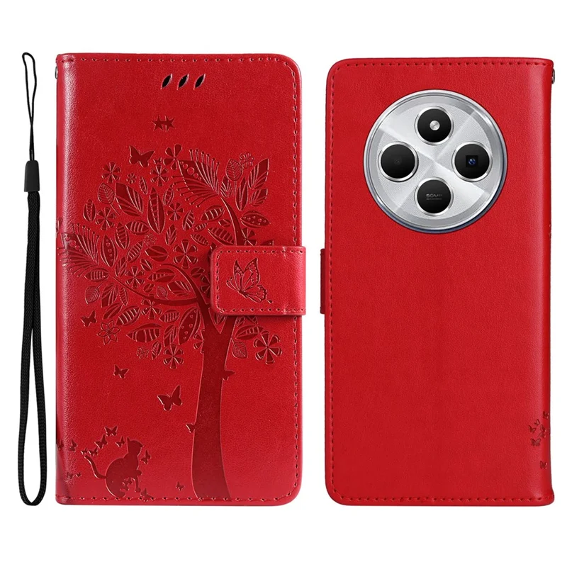 For Xiaomi Poco C75 4G / Redmi 14R 5G / 14C 4G Phone Case with Stand Cat Tree Pattern Leather Wallet Mobile Cover - Red