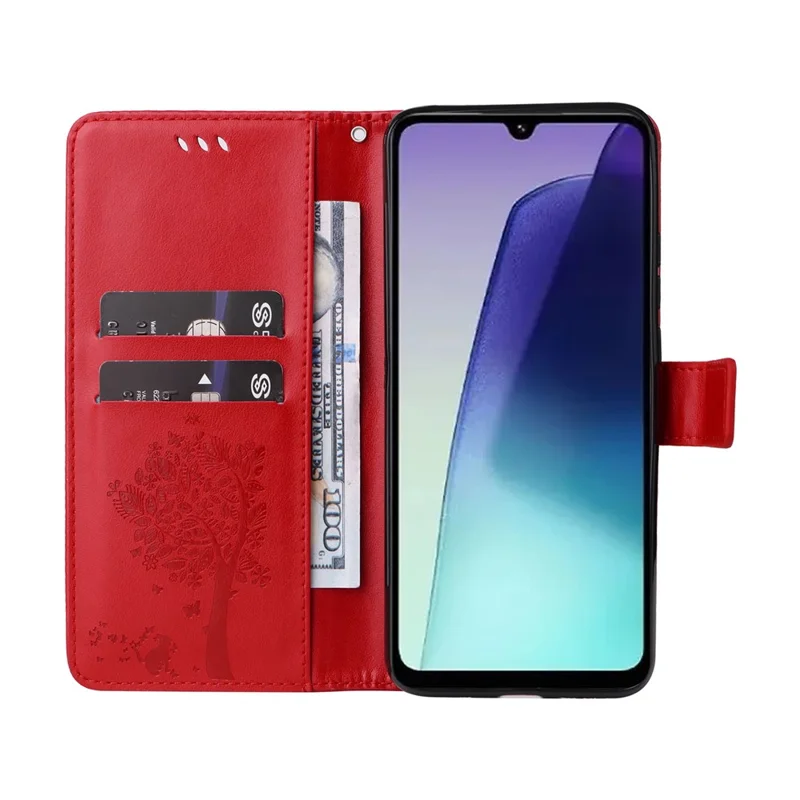For Xiaomi Poco C75 4G / Redmi 14R 5G / 14C 4G Phone Case with Stand Cat Tree Pattern Leather Wallet Mobile Cover - Red