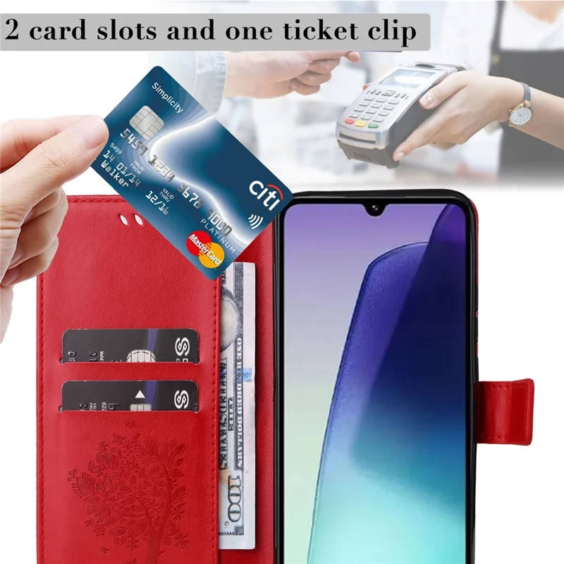 For Xiaomi Poco C75 4G / Redmi 14R 5G / 14C 4G Phone Case with Stand Cat Tree Pattern Leather Wallet Mobile Cover - Red