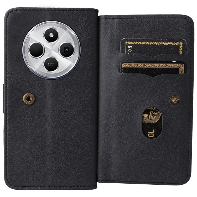 For Xiaomi Poco C75 4G / Redmi 14R 5G / 14C 4G Leather Case with 10 Card Holder Phone Cover Stand - Black