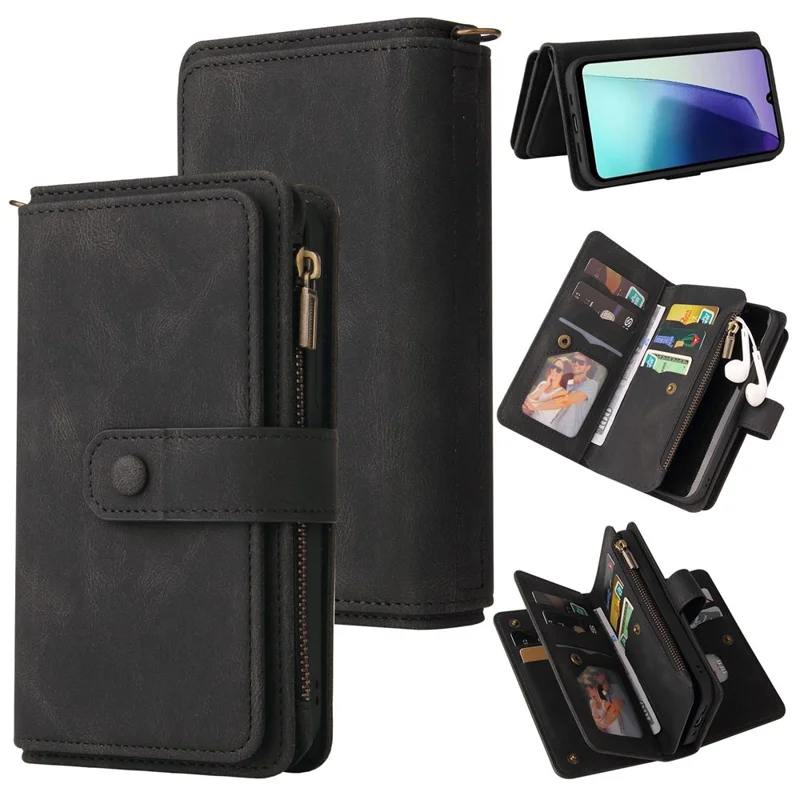 For Xiaomi Poco C75 4G / Redmi 14R 5G / 14C 4G Zipper Wallet Case with 15 Card Slots and Strap Leather Phone Cover - Black
