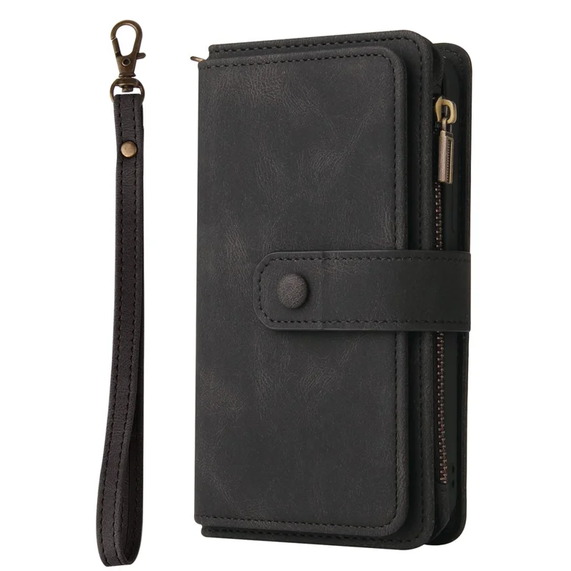 For Xiaomi Poco C75 4G / Redmi 14R 5G / 14C 4G Zipper Wallet Case with 15 Card Slots and Strap Leather Phone Cover - Black