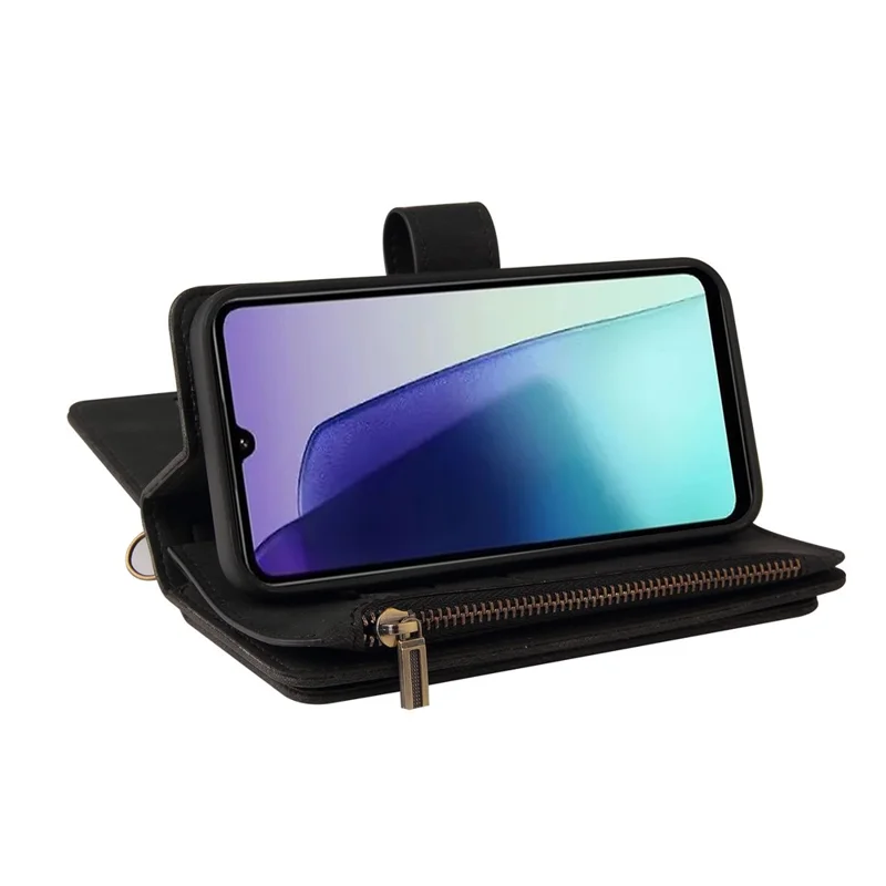 For Xiaomi Poco C75 4G / Redmi 14R 5G / 14C 4G Zipper Wallet Case with 15 Card Slots and Strap Leather Phone Cover - Black