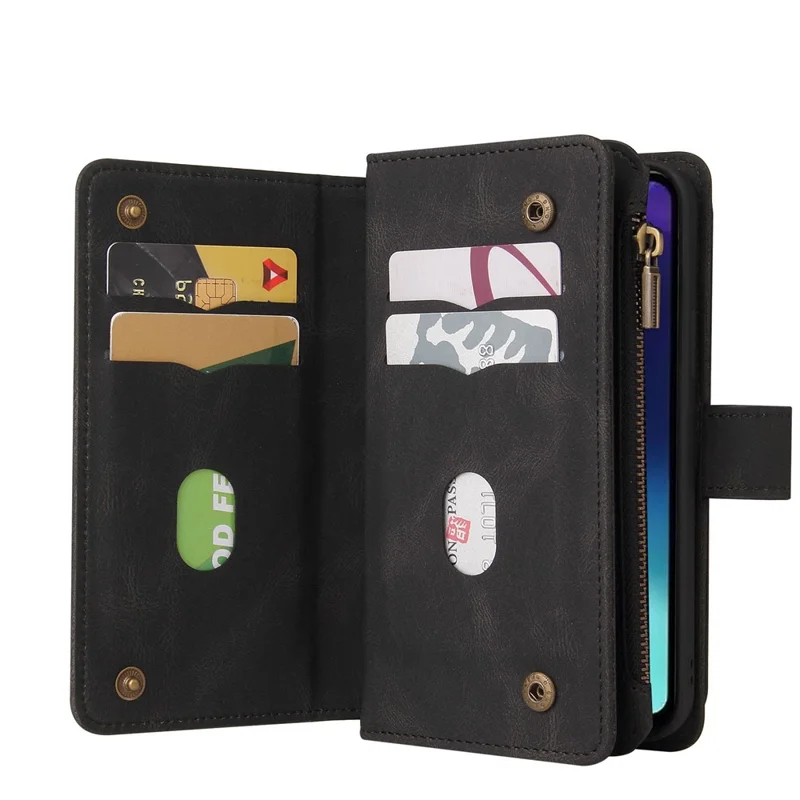 For Xiaomi Poco C75 4G / Redmi 14R 5G / 14C 4G Zipper Wallet Case with 15 Card Slots and Strap Leather Phone Cover - Black