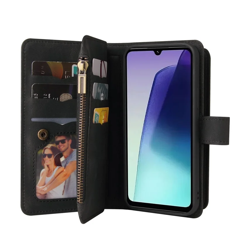 For Xiaomi Poco C75 4G / Redmi 14R 5G / 14C 4G Zipper Wallet Case with 15 Card Slots and Strap Leather Phone Cover - Black
