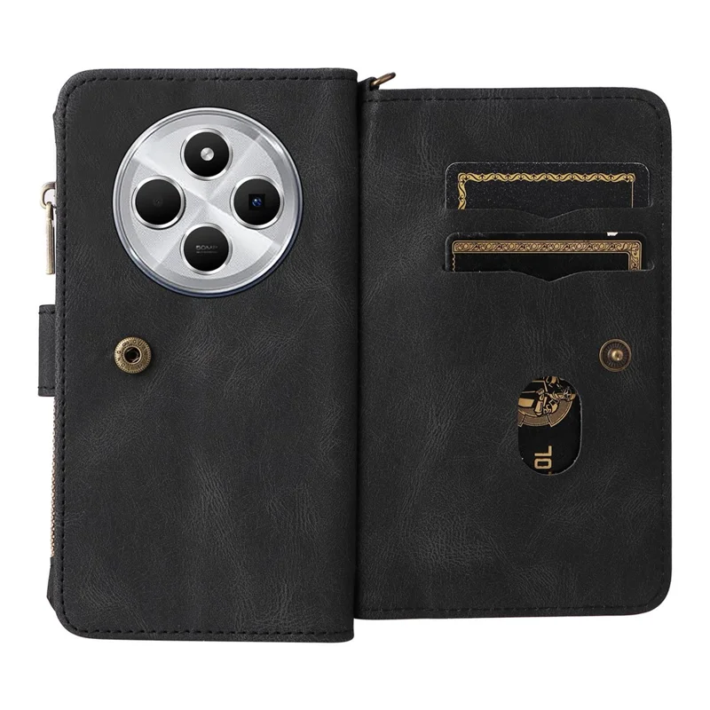 For Xiaomi Poco C75 4G / Redmi 14R 5G / 14C 4G Zipper Wallet Case with 15 Card Slots and Strap Leather Phone Cover - Black