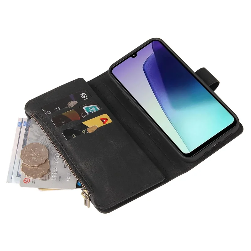 For Xiaomi Poco C75 4G / Redmi 14R 5G / 14C 4G Zipper Wallet Case with 15 Card Slots and Strap Leather Phone Cover - Black
