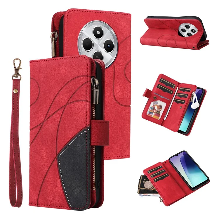 For Xiaomi Poco C75 4G / Redmi 14R 5G / 14C 4G Leather Case with Strap Zipper 9 Card Slot Phone Cover Stand - Red