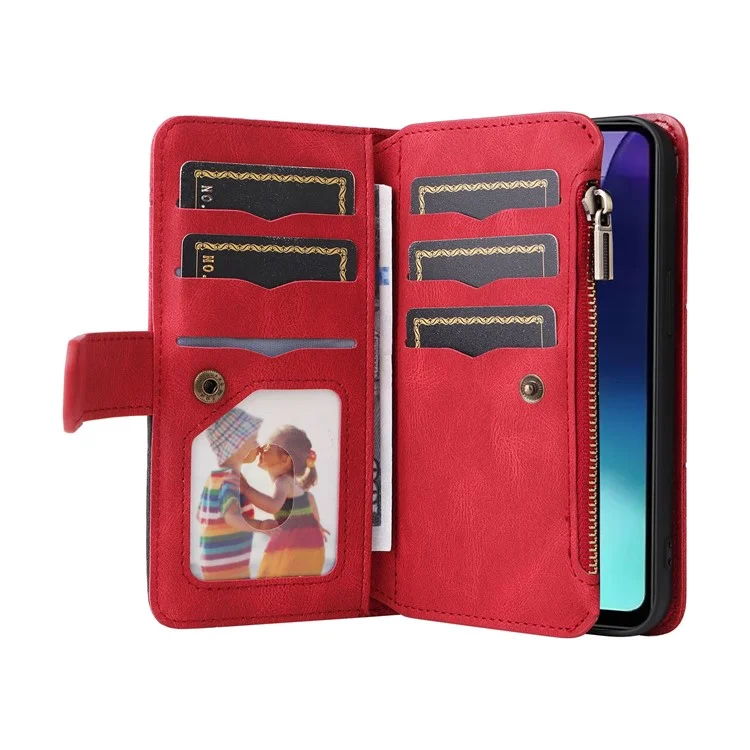 For Xiaomi Poco C75 4G / Redmi 14R 5G / 14C 4G Leather Case with Strap Zipper 9 Card Slot Phone Cover Stand - Red