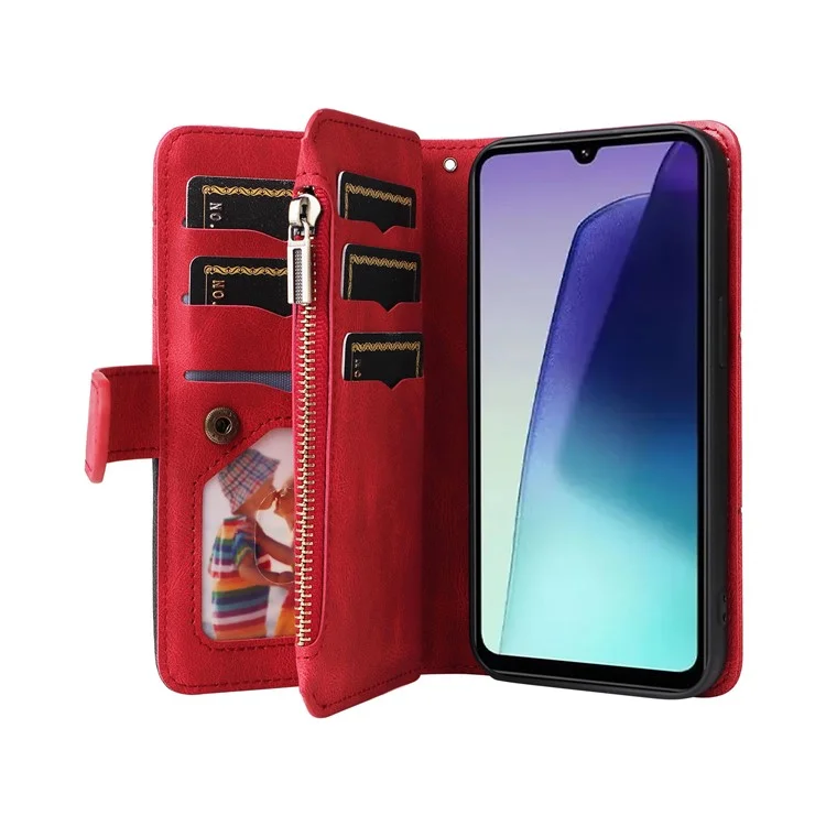 For Xiaomi Poco C75 4G / Redmi 14R 5G / 14C 4G Leather Case with Strap Zipper 9 Card Slot Phone Cover Stand - Red