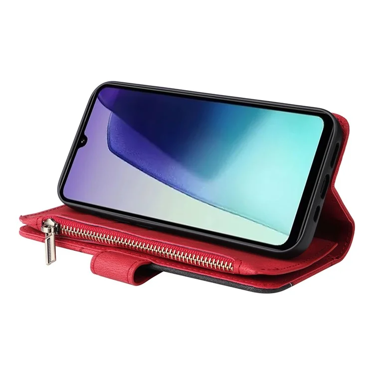 For Xiaomi Poco C75 4G / Redmi 14R 5G / 14C 4G Leather Case with Strap Zipper 9 Card Slot Phone Cover Stand - Red