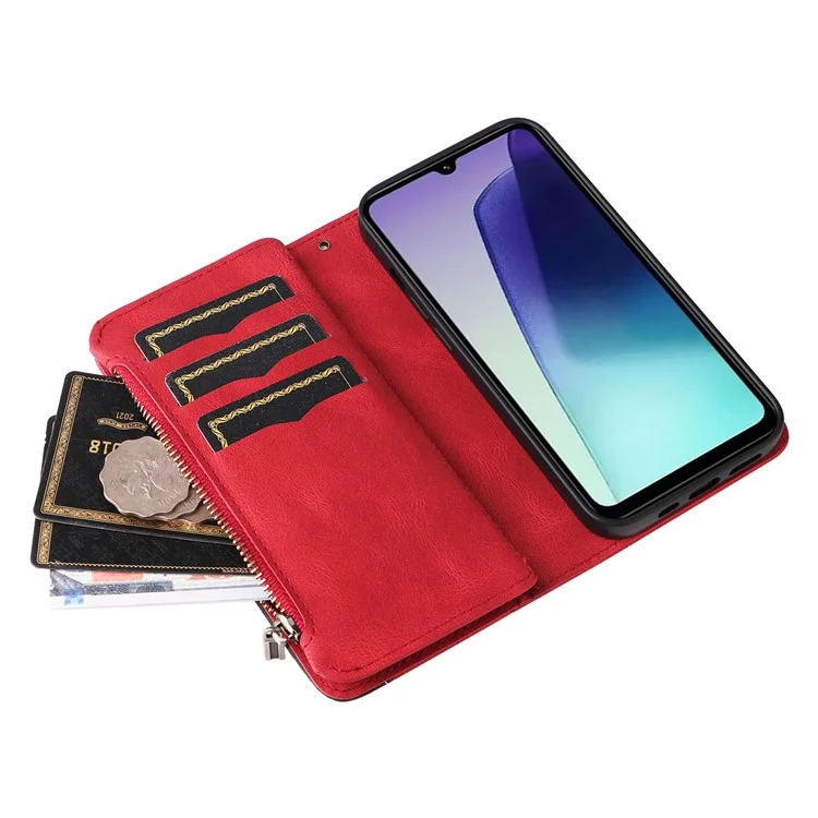 For Xiaomi Poco C75 4G / Redmi 14R 5G / 14C 4G Leather Case with Strap Zipper 9 Card Slot Phone Cover Stand - Red