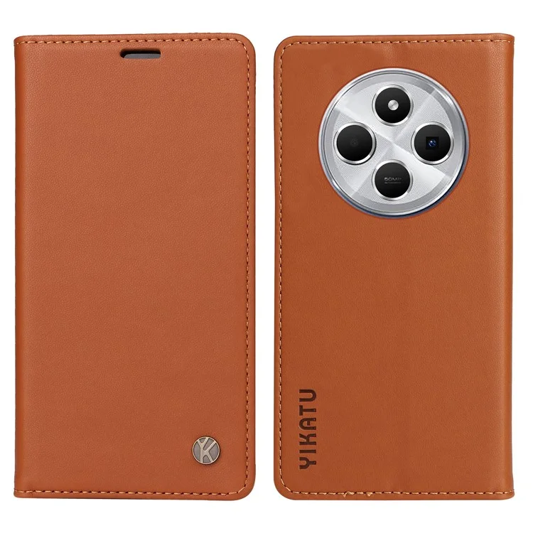 YIKATU YK-001 для Xiaomi Poco C75 4G / Redmi 14R 5G / 14C 4G Чехол со стойкой Кожаный чехол для телефона Сильная магнитная застежка - Коричневый